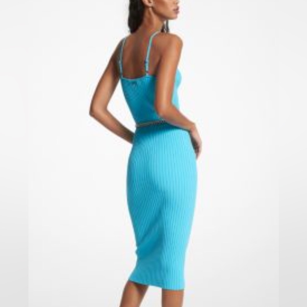 Michael Kors Ribbed Stretch Knit Midi Dress – Turquoise (With MK Chain Belt) - Picture 2 of 8